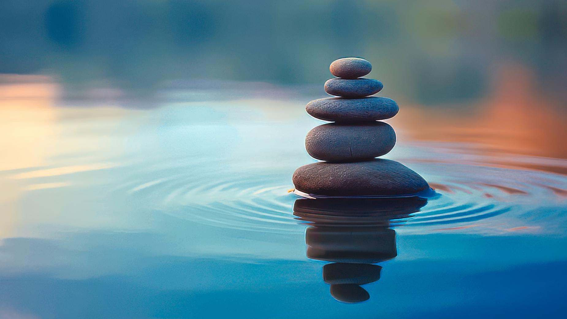 Balanced Stones, Ripples, Tranquil Water